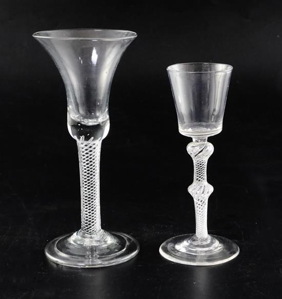 Two airtwist stem drinking glasses, c.1740-50, H. 15.5 and 18.2cm